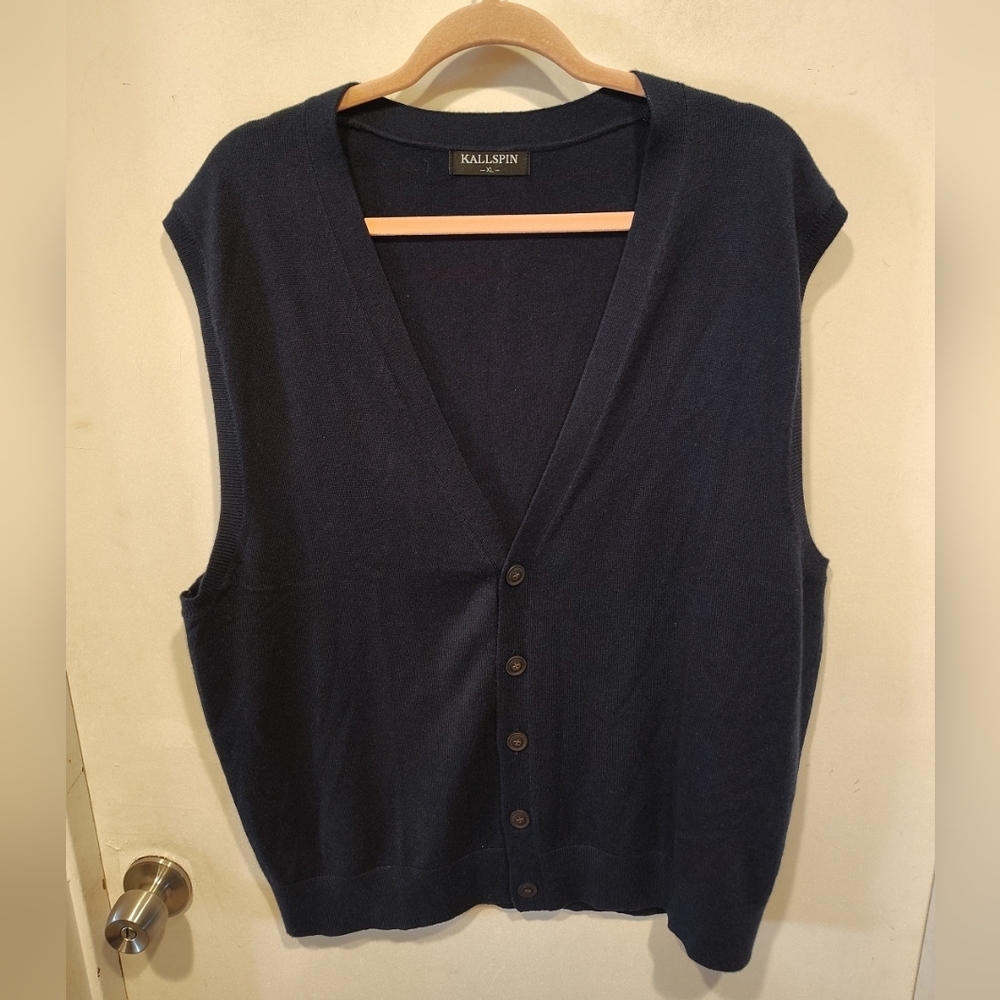 Kallspin Men's Navy Blue Cashmere Wool Blend Sweater Vest Sz XL Preppy Academia